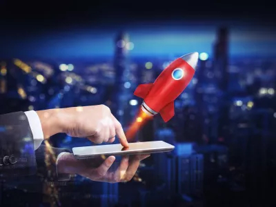 Hand mobile phone and the rocket in digital environment