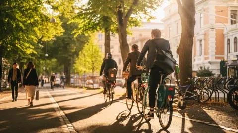 people in suits cycling in the park