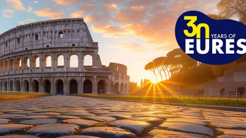 Roman Coloseum, sunset and EURES 30th Anniversary logotype